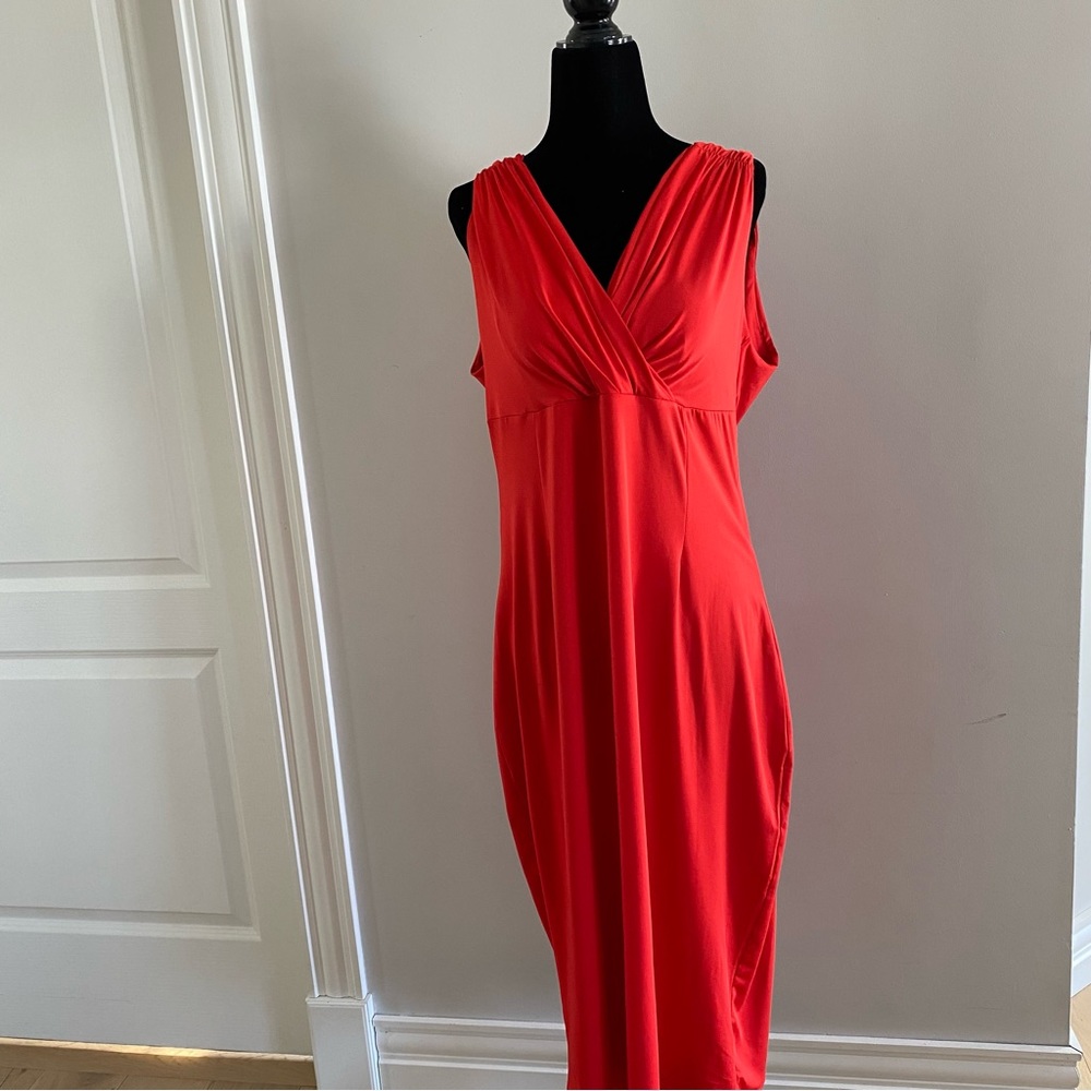 Sleeveless red long draped dress